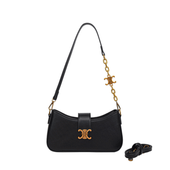 MoonCharm Elegance – Dual-Style Black PU Leather Shoulder Bag with Golden Lunar Hardware